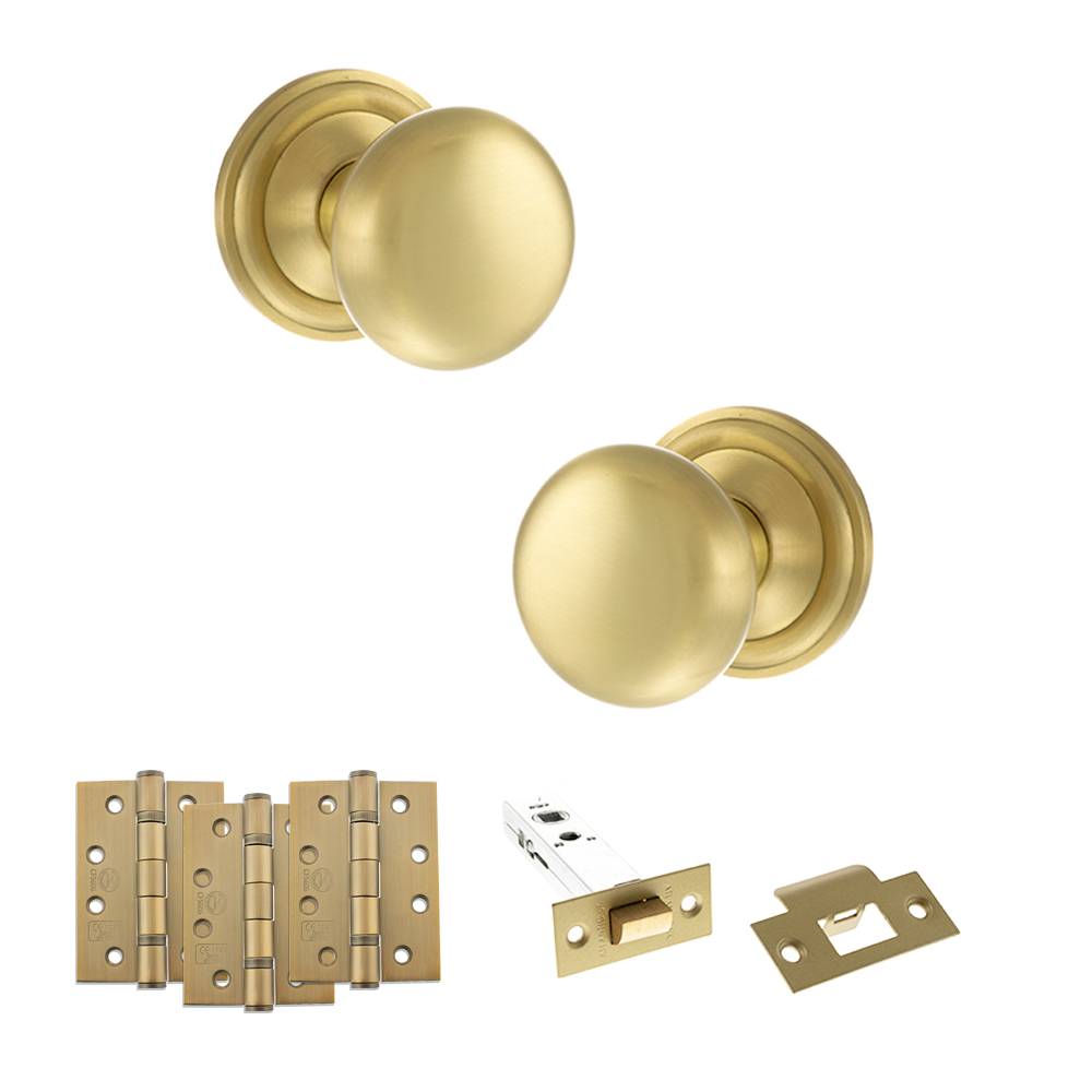 ADPOE58MMKSB56_OLD-ENGLISH-HARROGATE-SATIN-BRASS.jpg Atlantic Old English Harrogate Door Knob Pack (Latch Set - 3" HD Latch, 4" Fire Rated Hinges x3) - Satin Brass - Image 1