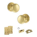 Atlantic Old English Harrogate Door Knob Pack (Latch Set - 3" HD Latch, 4" Slim Knuckle Hinges x2) - Satin Brass