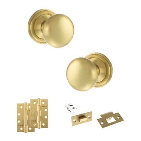 Atlantic Old English Harrogate Door Knob Pack (Latch Set - 4" HD Latch, 4" Slim Knuckle Hinges x2) - Satin Brass