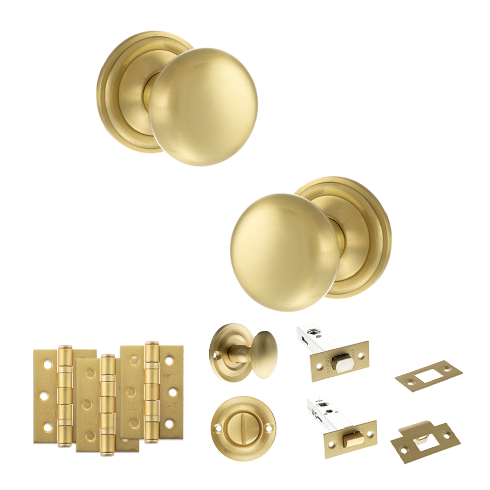 ADPOE58MMKSB60_OLD-ENGLISH-HARROGATE-SATIN-BRASS.jpg Atlantic Old English Harrogate Door Knob Pack (Bathroom Set - 3" Deadbolt, 3" Fire Rated Hinges x3) - Satin Brass - Image 1