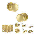Atlantic Old English Harrogate Door Knob Pack (Bathroom Set - 4" Deadbolt, 3" Fire Rated Hinges x3) - Satin Brass