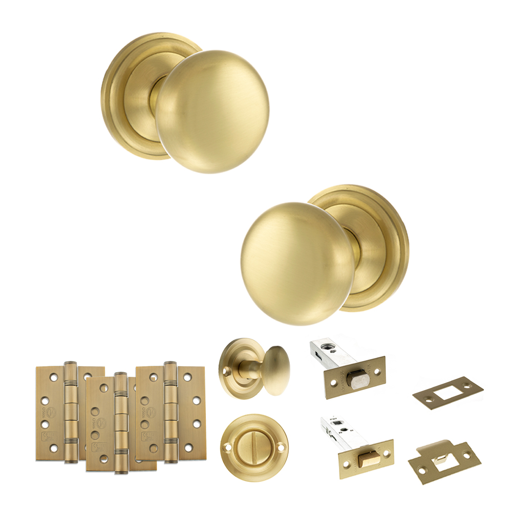 ADPOE58MMKSB62_OLD-ENGLISH-HARROGATE-SATIN-BRASS.jpg Atlantic Old English Harrogate Door Knob Pack (Bathroom Set - 3" Deadbolt, 4" Fire Rated Hinges x3) - Satin Brass - Image 1