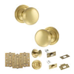 Atlantic Old English Harrogate Door Knob Pack (Bathroom Set - 4" Deadbolt, 4" Fire Rated Hinges x3) - Satin Brass