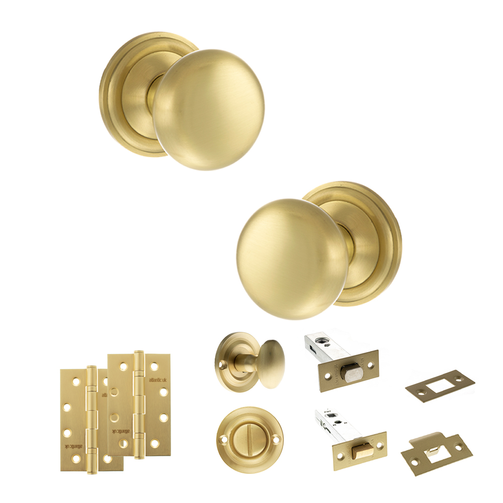 ADPOE58MMKSB64_OLD-ENGLISH-HARROGATE-SATIN-BRASS.jpg Atlantic Old English Harrogate Door Knob Pack (Bathroom Set - 3" Deadbolt, 4" Slim Knuckle Hinges x2) - Satin Brass - Image 1