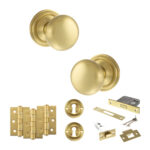 Atlantic Old English Harrogate Door Knob Pack (Lock Set - 3" Latch & Deadlock, 3" Fire Rated Hinges x3) - Satin Brass