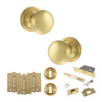 Atlantic Old English Harrogate Door Knob Pack (Lock Set - 3" Latch & Deadlock, 4" Fire Rated Hinges x3) - Satin Brass
