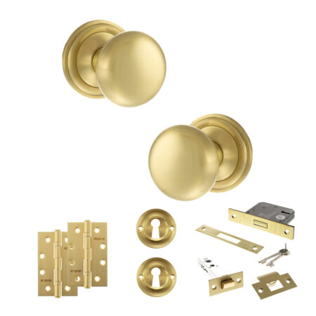 Atlantic Old English Harrogate Door Knob Pack (Lock Set - 3" Latch & Deadlock, 4" Slim Knuckle Hinges x2) - Satin Brass