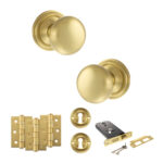 Atlantic Old English Harrogate Door Knob Pack (Lock Set - Horizontal Sashlock, 3" Fire Rated Hinges x3) - Satin Brass