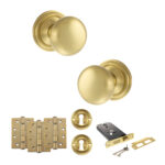 Atlantic Old English Harrogate Door Knob Pack (Lock Set - Horizontal Sashlock, 4" Fire Rated Hinges x3) - Satin Brass