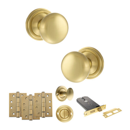 Atlantic Old English Harrogate Door Knob Pack (Lock Set - Horizontal Bathlock, 4" Fire Rated Hinges x3) - Satin Brass