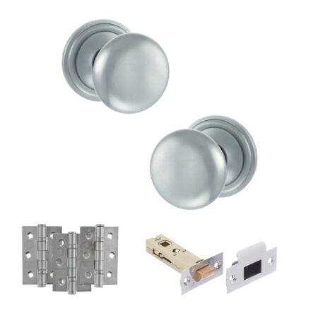 Atlantic Old English Harrogate Door Knob Pack (Latch Set - 3" HD Latch, 3" Fire Rated Hinges x3) - Satin Chrome
