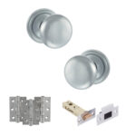 Atlantic Old English Harrogate Door Knob Pack (Latch Set - 4" HD Latch, 3" Fire Rated Hinges x3) - Satin Chrome