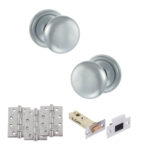 Atlantic Old English Harrogate Door Knob Pack (Latch Set - 3" HD Latch, 4" Fire Rated Hinges x3) - Satin Chrome