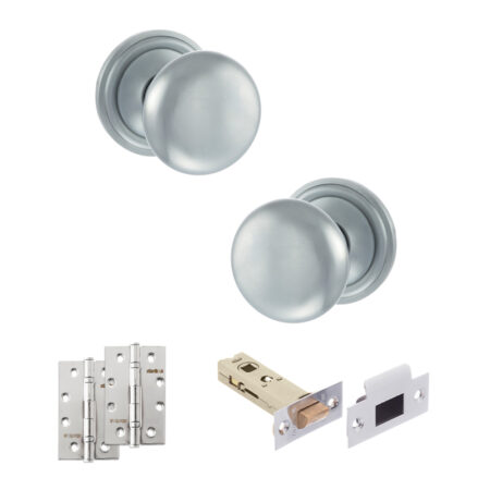 Atlantic Old English Harrogate Door Knob Pack (Latch Set - 4" HD Latch, 4" Slim Knuckle Hinges x2) - Satin Chrome