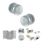 Atlantic Old English Harrogate Door Knob Pack (Bathroom Set - 4" Deadbolt, 3" Fire Rated Hinges x3) - Satin Chrome