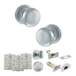 Atlantic Old English Harrogate Door Knob Pack (Bathroom Set - 3" Deadbolt, 4" Fire Rated Hinges x3) - Satin Chrome