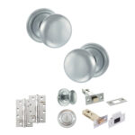 Atlantic Old English Harrogate Door Knob Pack (Bathroom Set - 4" Deadbolt, 4" Slim Knuckle Hinges x2) - Satin Chrome