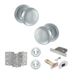 Atlantic Old English Harrogate Door Knob Pack (Lock Set - 3" Latch & Deadlock, 3" Fire Rated Hinges x3) - Satin Chrome