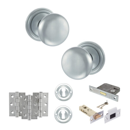 Atlantic Old English Harrogate Door Knob Pack (Lock Set - 3" Latch & Deadlock, 3" Fire Rated Hinges x3) - Satin Chrome