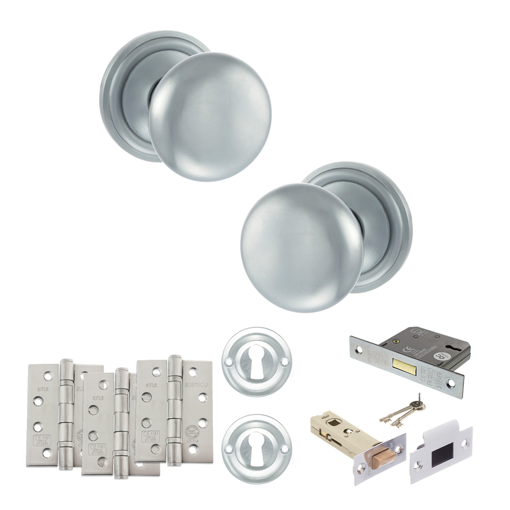 ADPOE58MMKSC67_OLD-ENGLISH-HARROGATE-SATIN-CHROME.jpg Atlantic Old English Harrogate Door Knob Pack (Lock Set - 3" Latch & Deadlock, 4" Fire Rated Hinges x3) - Satin Chrome - Image 1