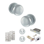 Atlantic Old English Harrogate Door Knob Pack (Lock Set - 3" Latch & Deadlock, 4" Slim Knuckle Hinges x2) - Satin Chrome