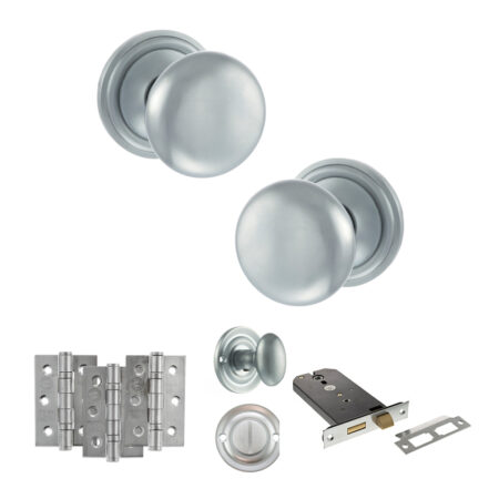 Atlantic Old English Harrogate Door Knob Pack (Lock Set - Horizontal Bathlock, 4" Fire Rated Hinges x3) - Satin Chrome
