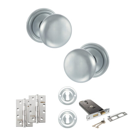 Atlantic Old English Harrogate Door Knob Pack (Lock Set - Horizontal Sashlock, 4" Slim Knuckle Hinges x2) - Satin Chrome