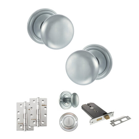 Atlantic Old English Harrogate Door Knob Pack (Lock Set - Horizontal Bathlock, 4" Slim Knuckle Hinges x2) - Satin Chrome