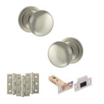 Atlantic Old English Harrogate Door Knob Pack (Latch Set - 3" HD Latch, 3" Fire Rated Hinges x3) - Satin Nickel