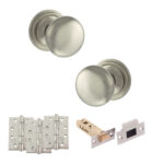 Atlantic Old English Harrogate Door Knob Pack (Latch Set - 3" HD Latch, 4" Fire Rated Hinges x3) - Satin Nickel