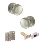 Atlantic Old English Harrogate Door Knob Pack (Latch Set - 4" HD Latch, 4" Slim Knuckle Hinges x2) - Satin Nickel