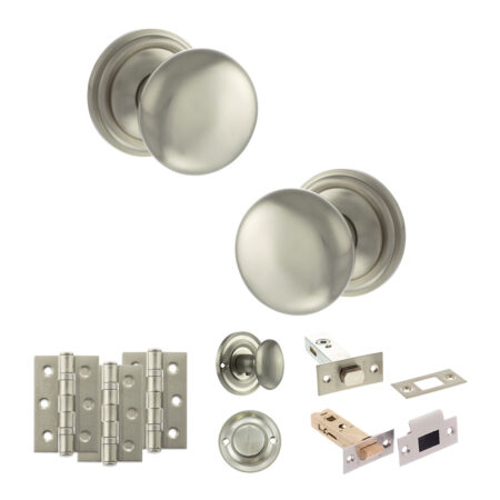 Atlantic Old English Harrogate Door Knob Pack (Bathroom Set - 4" Deadbolt, 3" Fire Rated Hinges x3) - Satin Nickel