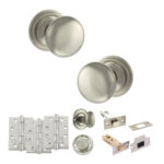 Atlantic Old English Harrogate Door Knob Pack (Bathroom Set - 4" Deadbolt, 4" Fire Rated Hinges x3) - Satin Nickel