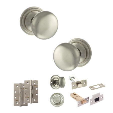 Atlantic Old English Harrogate Door Knob Pack (Bathroom Set - 4" Deadbolt, 4" Slim Knuckle Hinges x2) - Satin Nickel