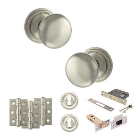 Atlantic Old English Harrogate Door Knob Pack (Lock Set - 3" Latch & Deadlock, 3" Fire Rated Hinges x3) - Satin Nickel