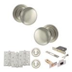 Atlantic Old English Harrogate Door Knob Pack (Lock Set - 3" Latch & Deadlock, 4" Fire Rated Hinges x3) - Satin Nickel