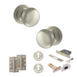 Atlantic Old English Harrogate Door Knob Pack (Lock Set - 3" Latch & Deadlock, 4" Slim Knuckle Hinges x2) - Satin Nickel