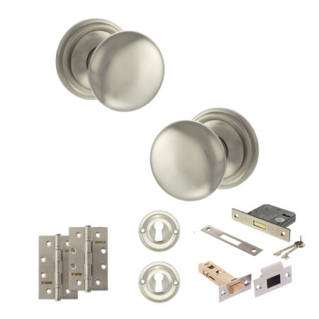 Atlantic Old English Harrogate Door Knob Pack (Lock Set - 3" Latch & Deadlock, 4" Slim Knuckle Hinges x2) - Satin Nickel