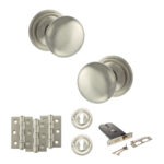 Atlantic Old English Harrogate Door Knob Pack (Lock Set - Horizontal Sashlock, 3" Fire Rated Hinges x3) - Satin Nickel
