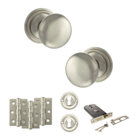 Atlantic Old English Harrogate Door Knob Pack (Lock Set - Horizontal Sashlock, 3" Fire Rated Hinges x3) - Satin Nickel