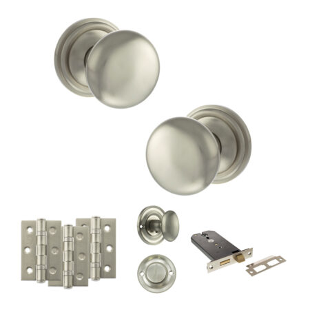 Atlantic Old English Harrogate Door Knob Pack (Lock Set - Horizontal Bathlock, 3" Fire Rated Hinges x3) - Satin Nickel