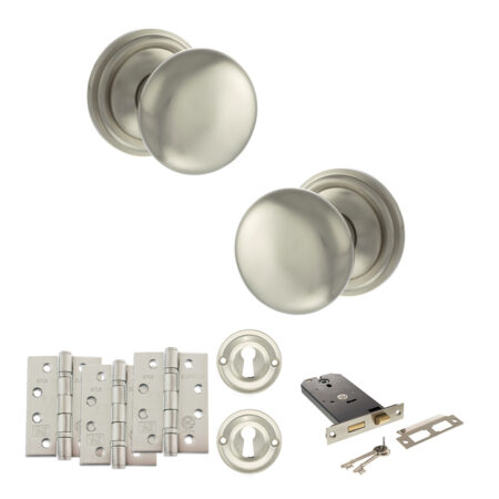 Atlantic Old English Harrogate Door Knob Pack (Lock Set - Horizontal Sashlock, 4" Fire Rated Hinges x3) - Satin Nickel