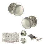 Atlantic Old English Harrogate Door Knob Pack (Lock Set - Horizontal Bathlock, 4" Fire Rated Hinges x3) - Satin Nickel