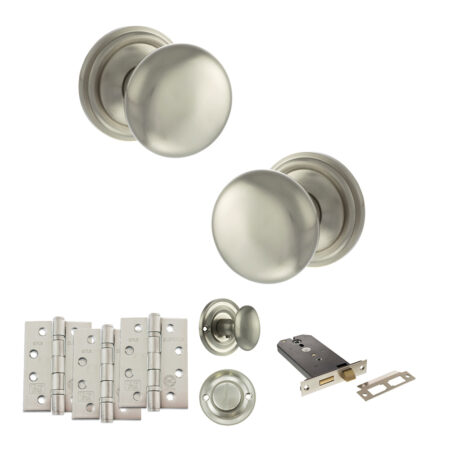 Atlantic Old English Harrogate Door Knob Pack (Lock Set - Horizontal Bathlock, 4" Fire Rated Hinges x3) - Satin Nickel