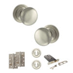 Atlantic Old English Harrogate Door Knob Pack (Lock Set - Horizontal Sashlock, 4" Slim Knuckle Hinges x2) - Satin Nickel