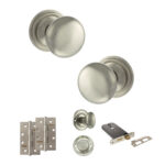Atlantic Old English Harrogate Door Knob Pack (Lock Set - Horizontal Bathlock, 4" Slim Knuckle Hinges x2) - Satin Nickel