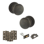 Atlantic Old English Harrogate Door Knob Pack (Latch Set - 4" HD Latch, 3" Fire Rated Hinges x3) - Urban Bronze