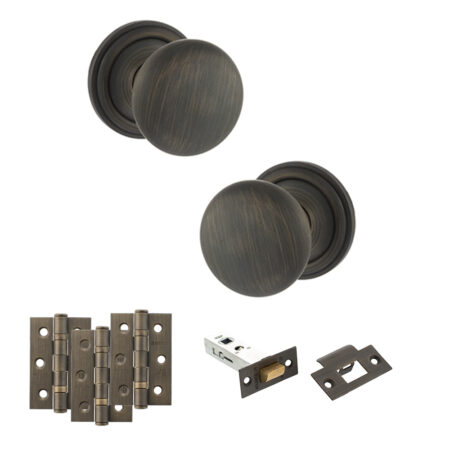 Atlantic Old English Harrogate Door Knob Pack (Latch Set - 4" HD Latch, 3" Fire Rated Hinges x3) - Urban Bronze