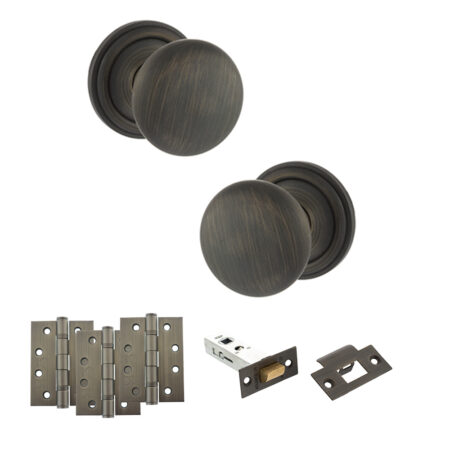 Atlantic Old English Harrogate Door Knob Pack (Latch Set - 3" HD Latch, 4" Fire Rated Hinges x3) - Urban Bronze
