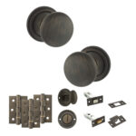 Atlantic Old English Harrogate Door Knob Pack (Bathroom Set - 4" Deadbolt, 3" Fire Rated Hinges x3) - Urban Bronze